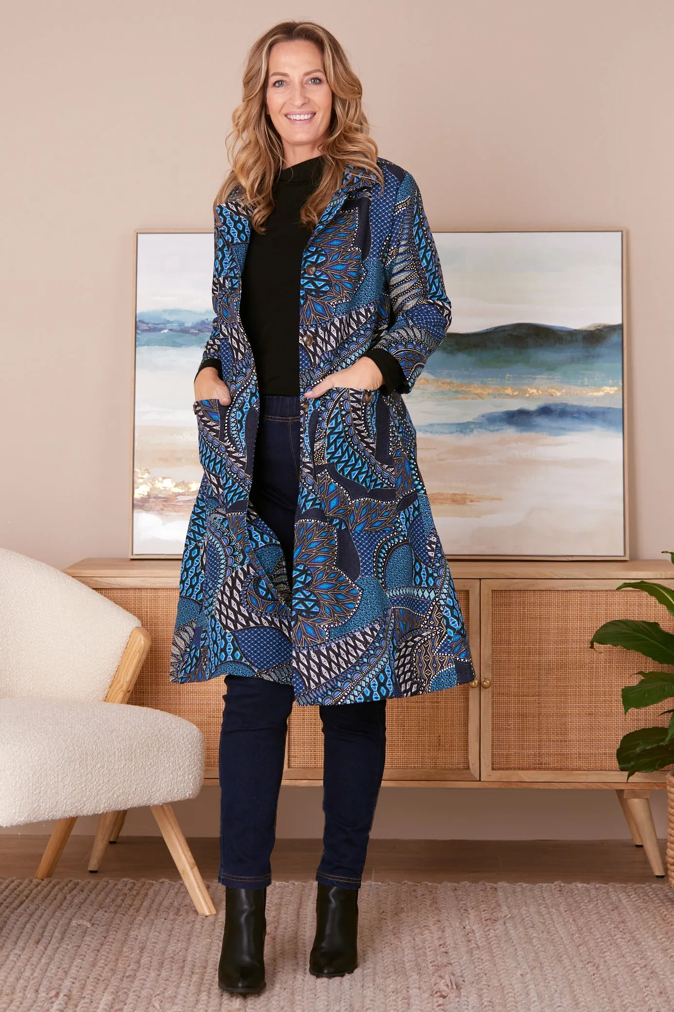 Carlton 3/4 Sleeve Fleece Lined Coat - Lapis Lazuli