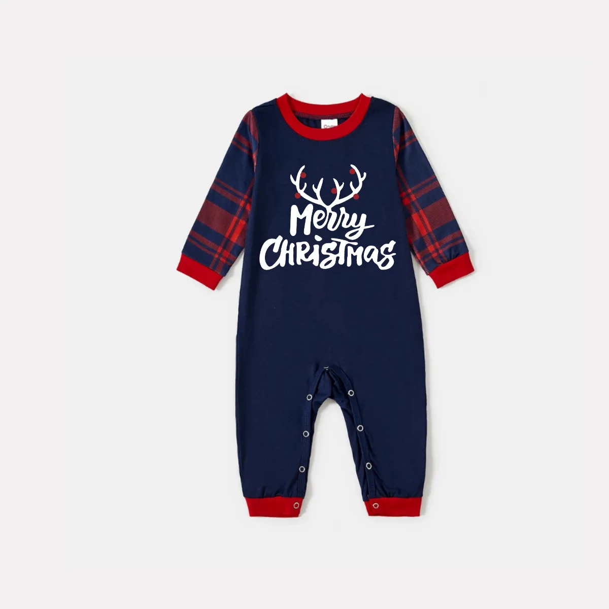 Christmas Antlers and Merry Christmas Print Blue Long Sleeve Top with Red & Blue Plaid Family Matching Pajamas