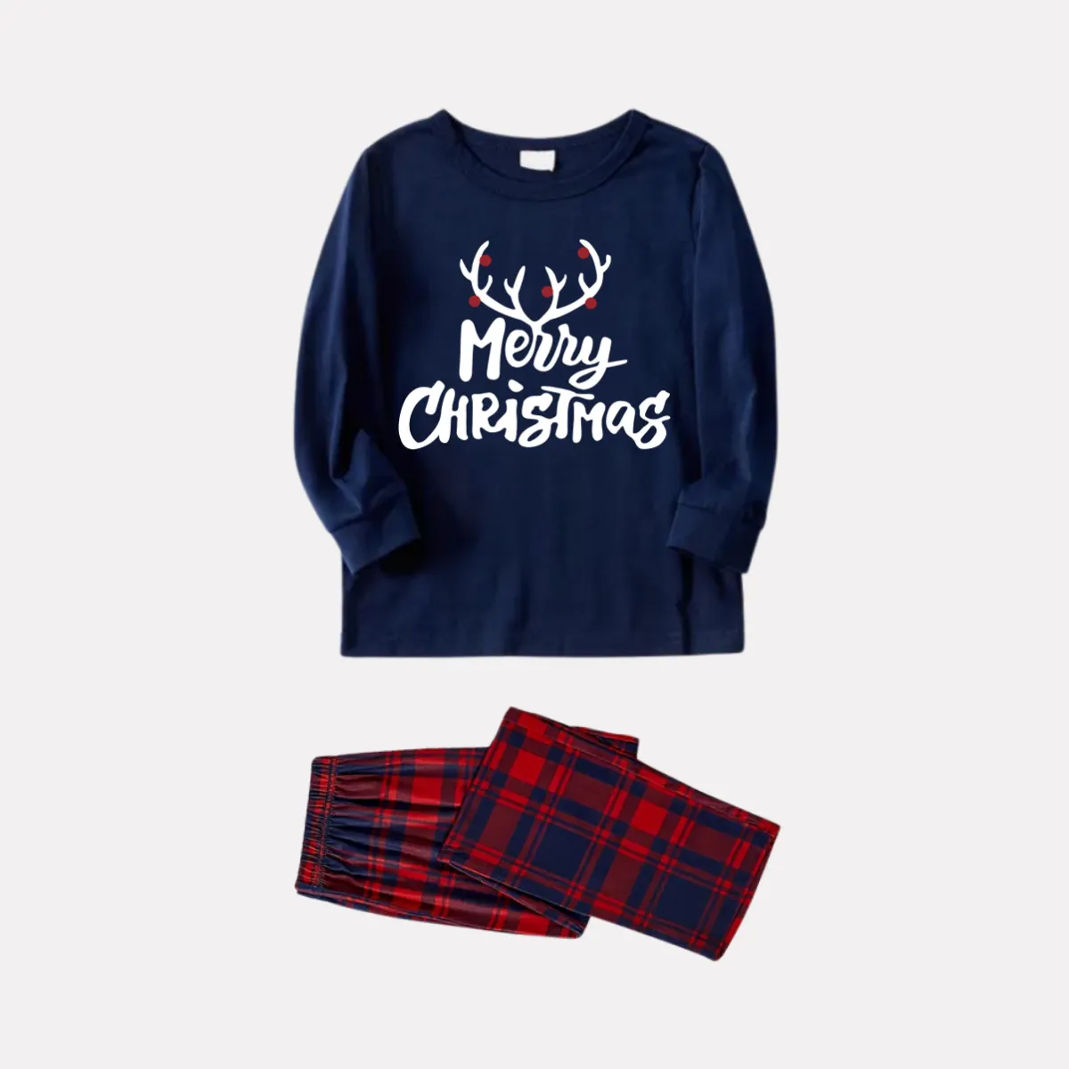 Christmas Antlers and Merry Christmas Print Blue Long Sleeve Top with Red & Blue Plaid Family Matching Pajamas