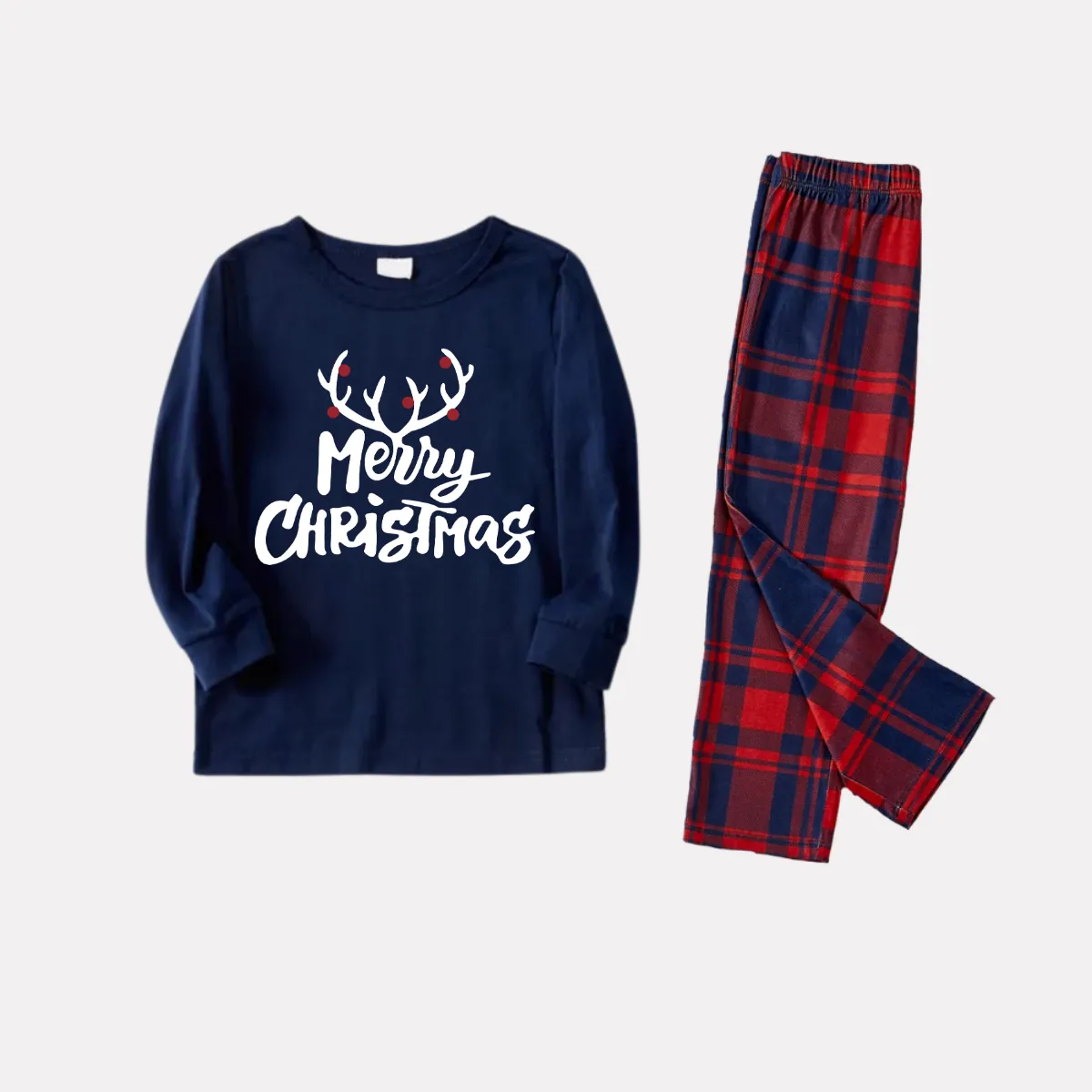 Christmas Antlers and Merry Christmas Print Blue Long Sleeve Top with Red & Blue Plaid Family Matching Pajamas