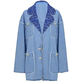 Colorblock Casual Loose Denim Blazers For Women Notched Collar Long Sleeve Patchwork Button Chic Blazer Female