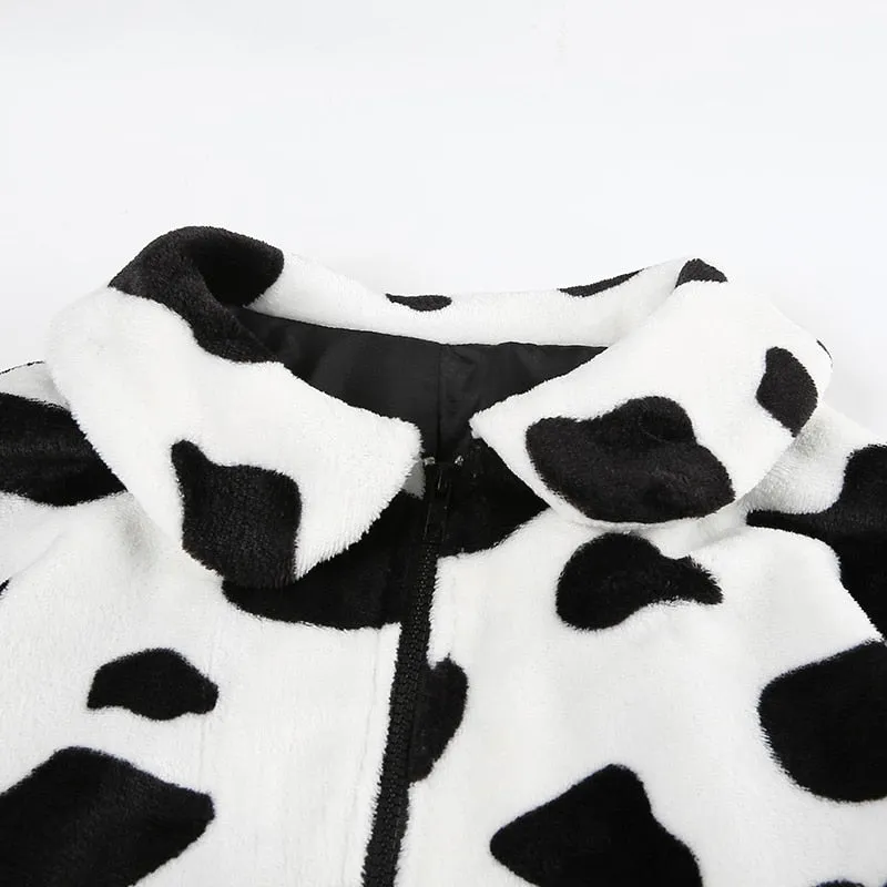 Cow Print Faux Fur Coat Women Animal Printed Casual Furry Crop Teddy Zipper Overcoat Jacket