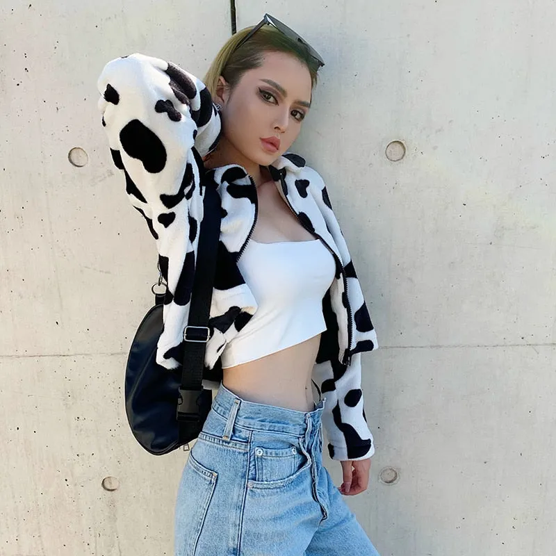 Cow Print Faux Fur Coat Women Animal Printed Casual Furry Crop Teddy Zipper Overcoat Jacket