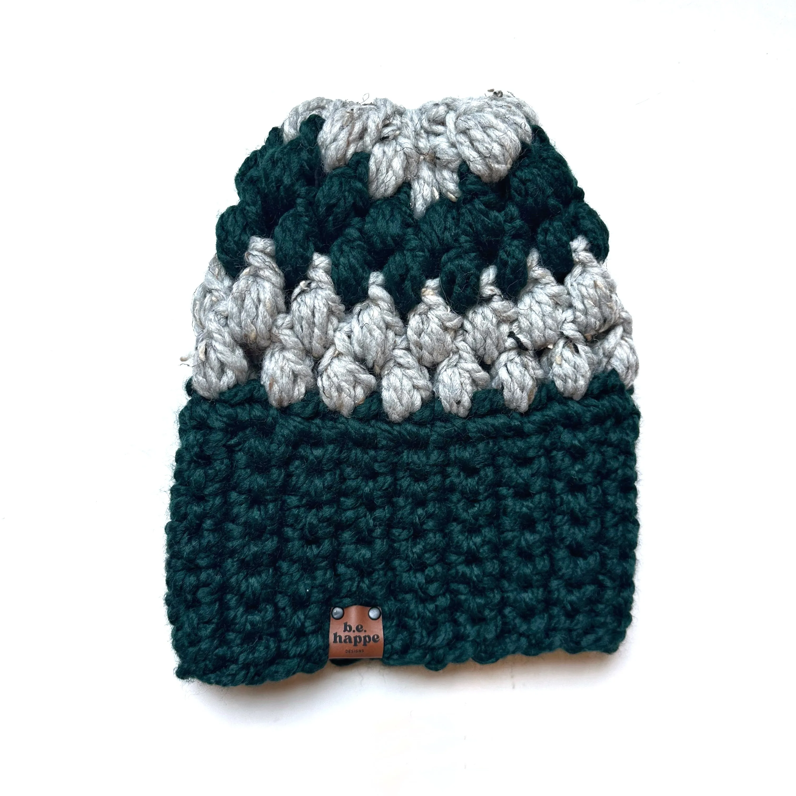 Crochet Puff Stitch Slouch Hat | Green   Gray