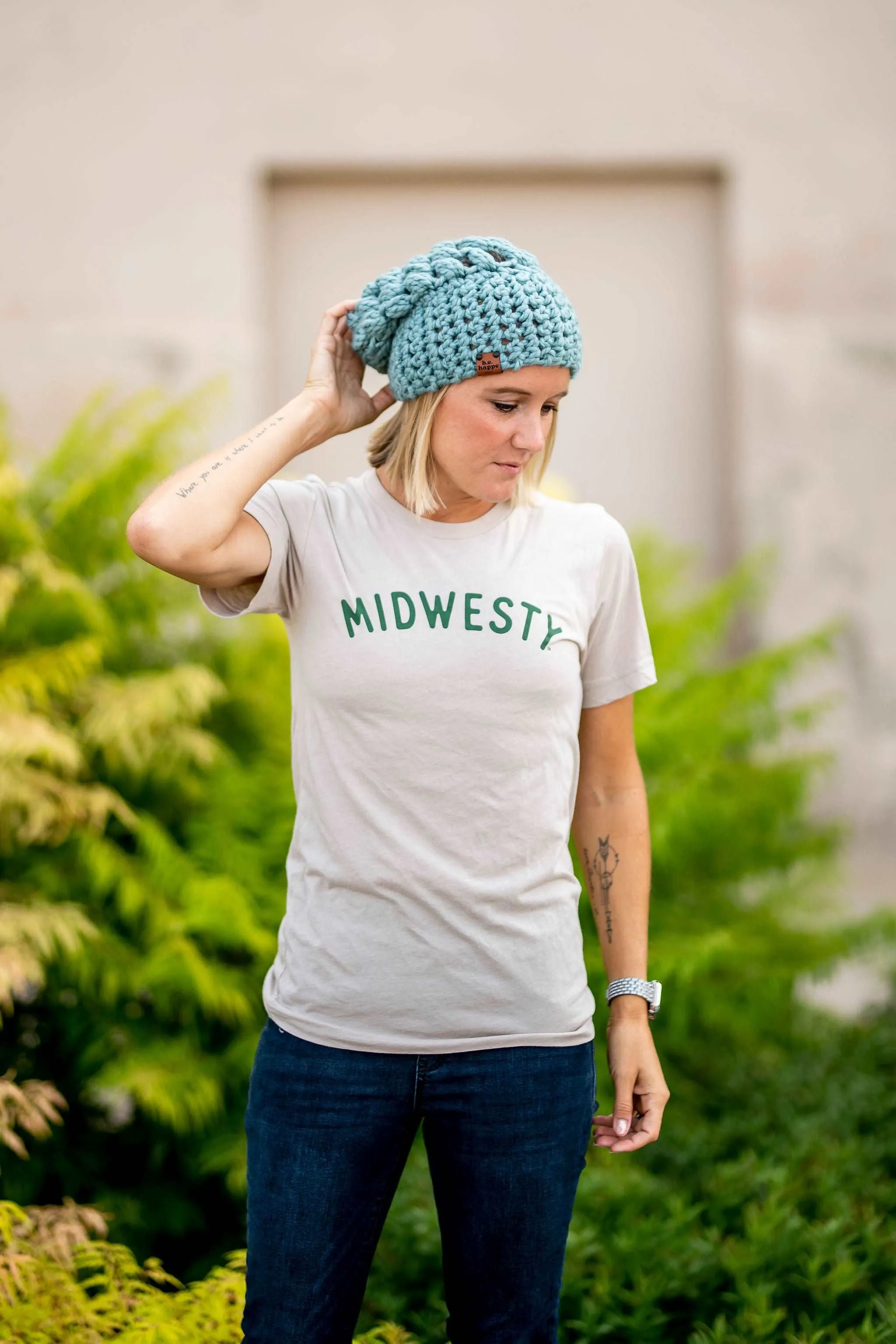 Crochet Puff Stitch Slouch Hat | Succulent Blue