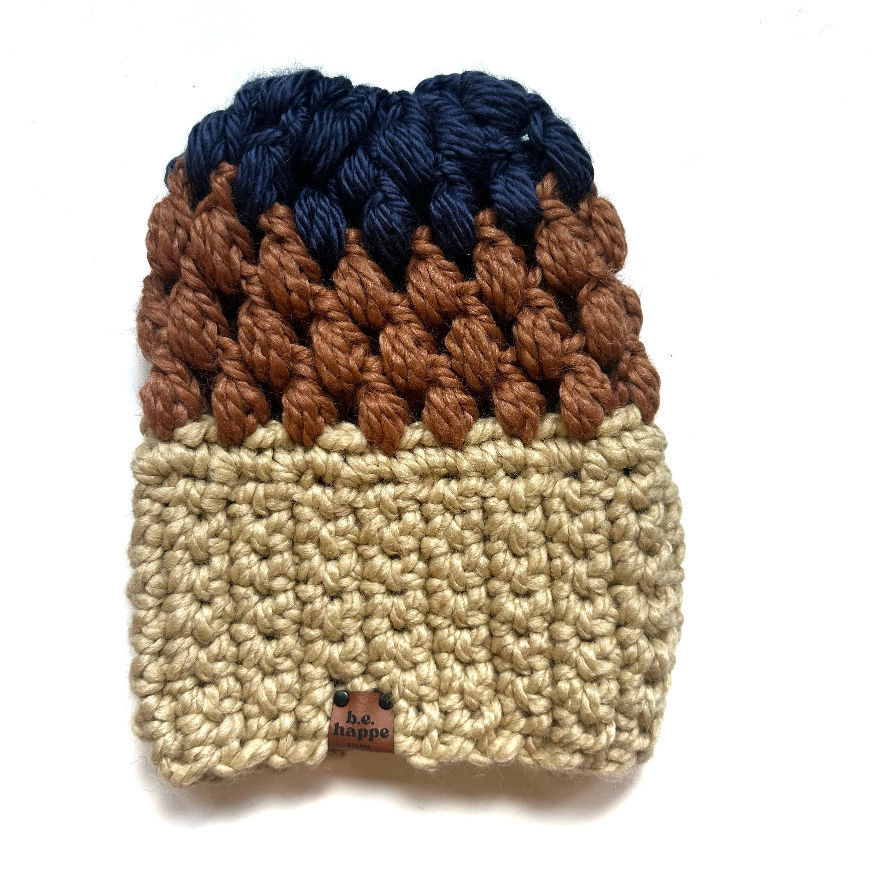 Crochet Puff Stitch Slouch Hat | Tan   Brown   Blue