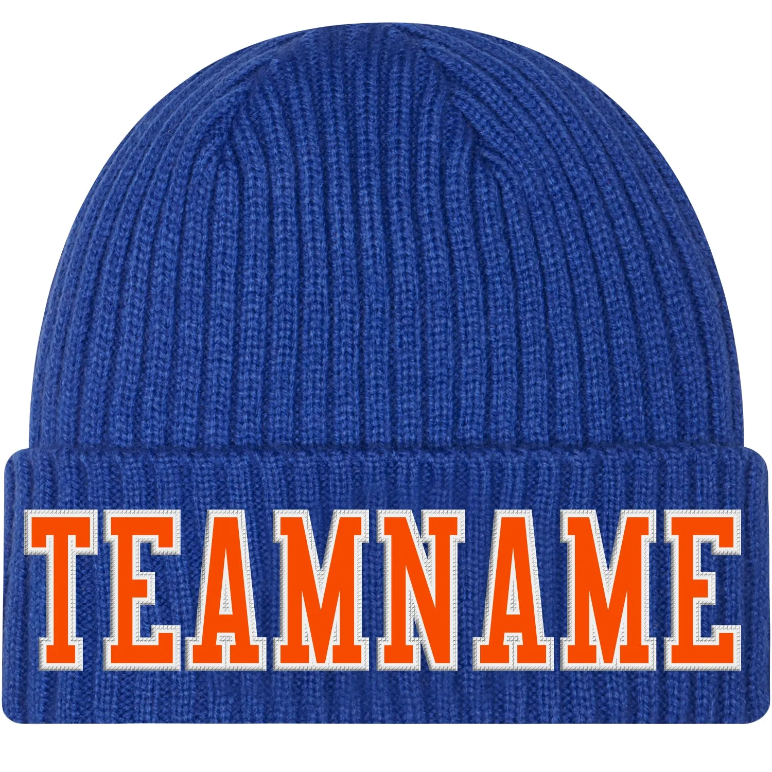 Custom Royal Orange-White Stitched Cuffed Knit Hat