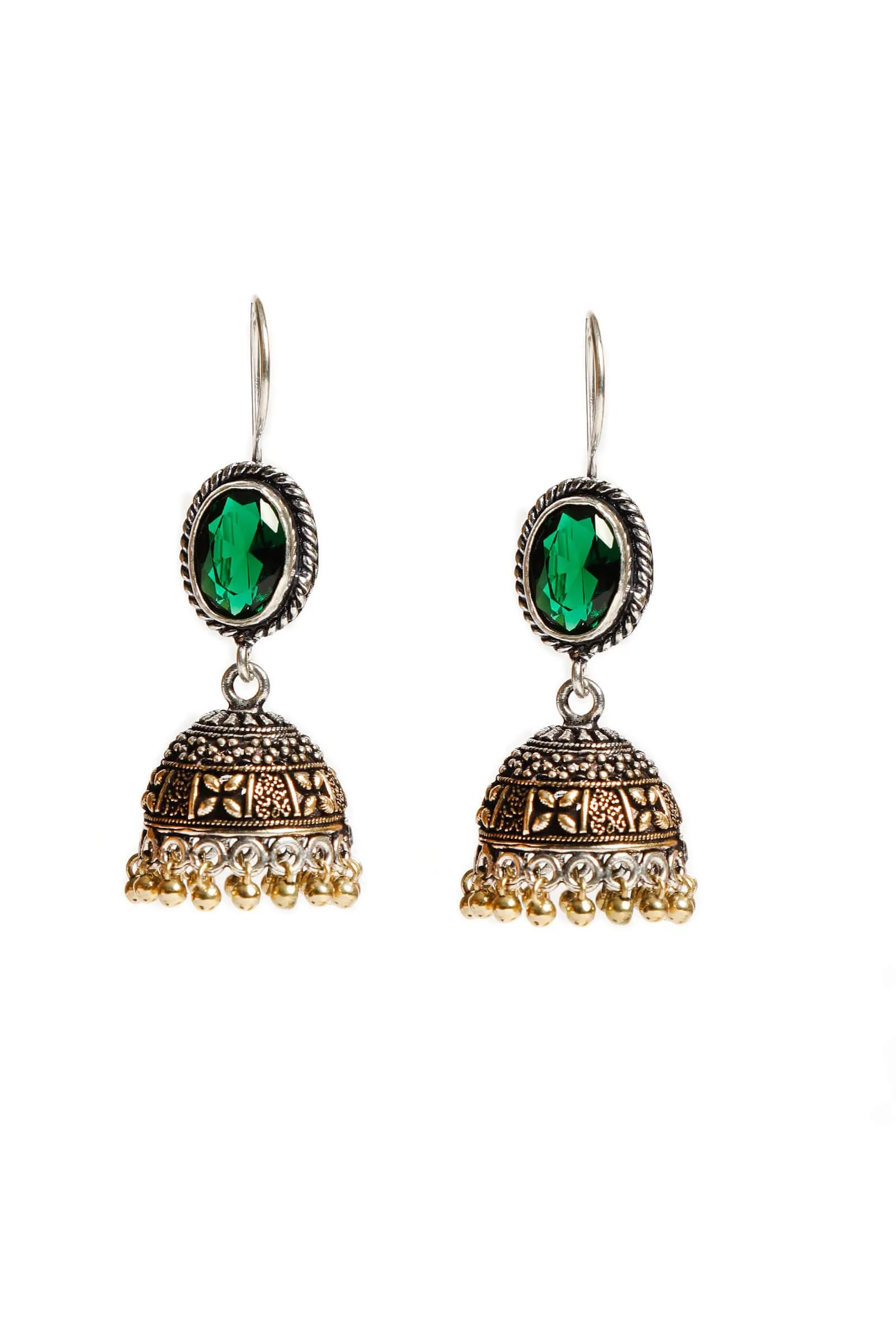 Dark Green Stone Brass Jhumkas