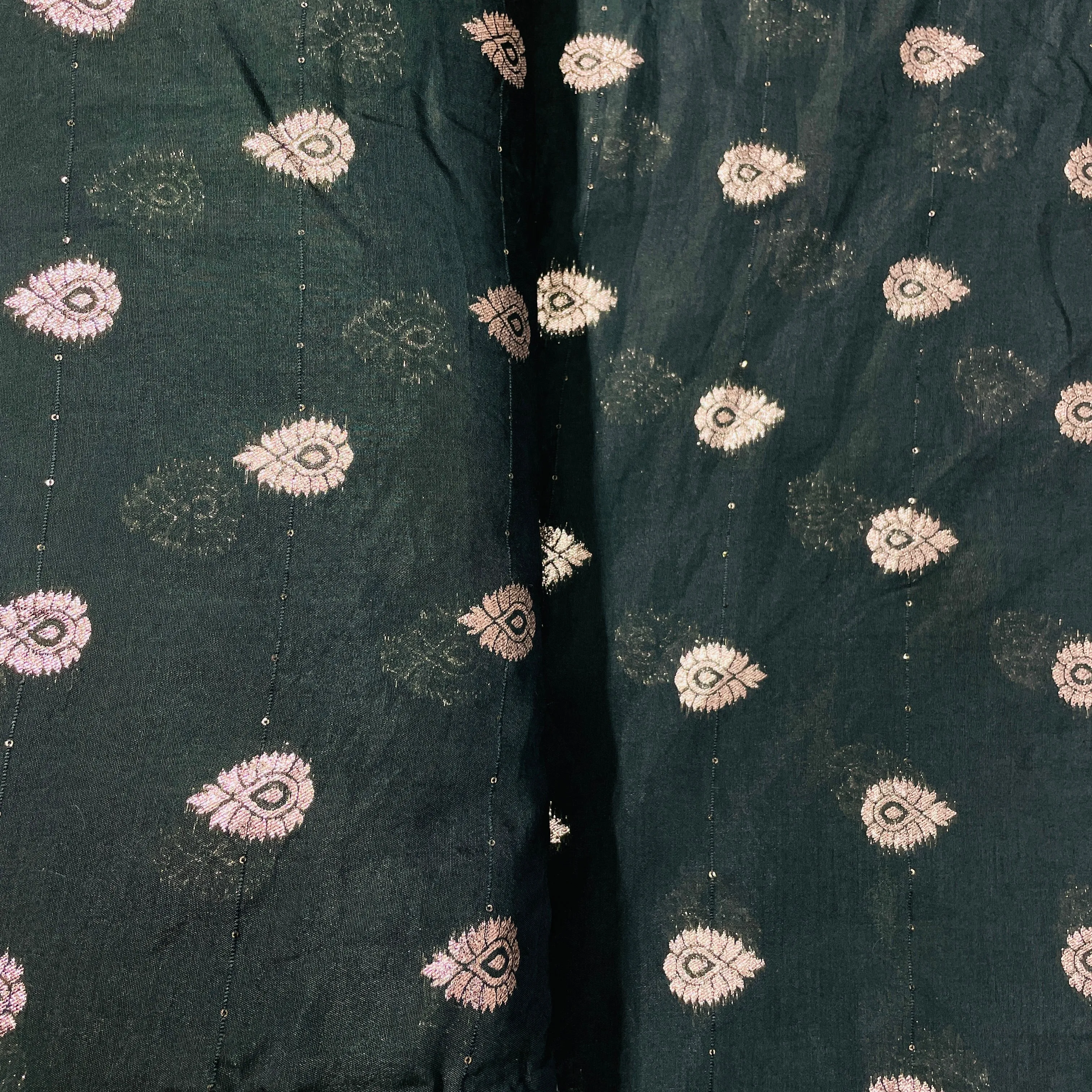 Dark Green Traditional Zari Embroidery Sequins Chanderi Fabric