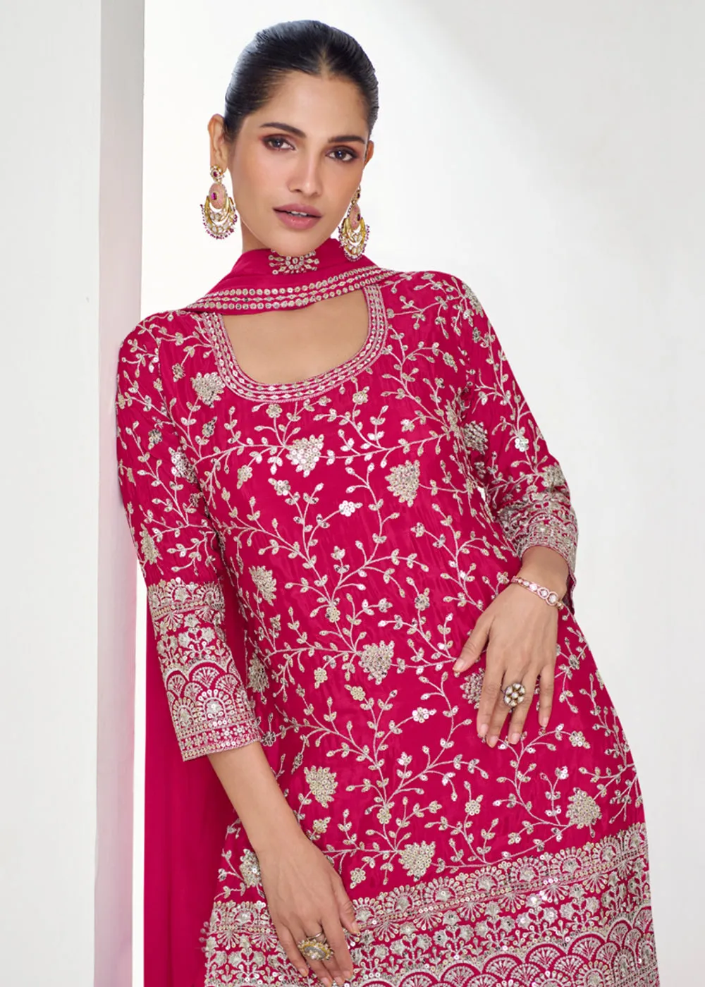 Designer Rani Pink Embroidered Festive Gharara Suit