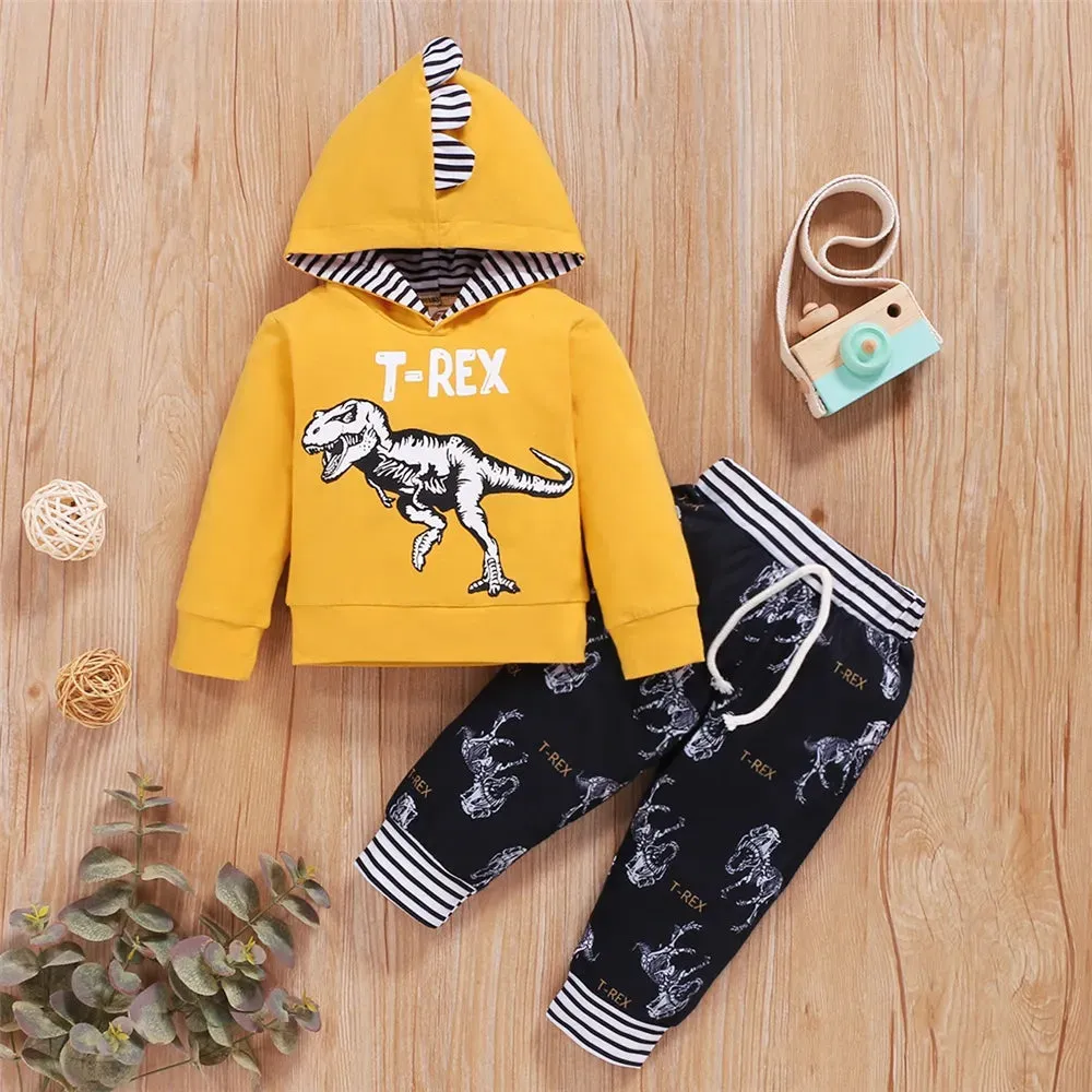 Dinosaur Printed Hooded Long Sleeved Top Pants Toddler Boy Casual Outfit -Newborn Baby Boy Autumn&Winter Clothes Set