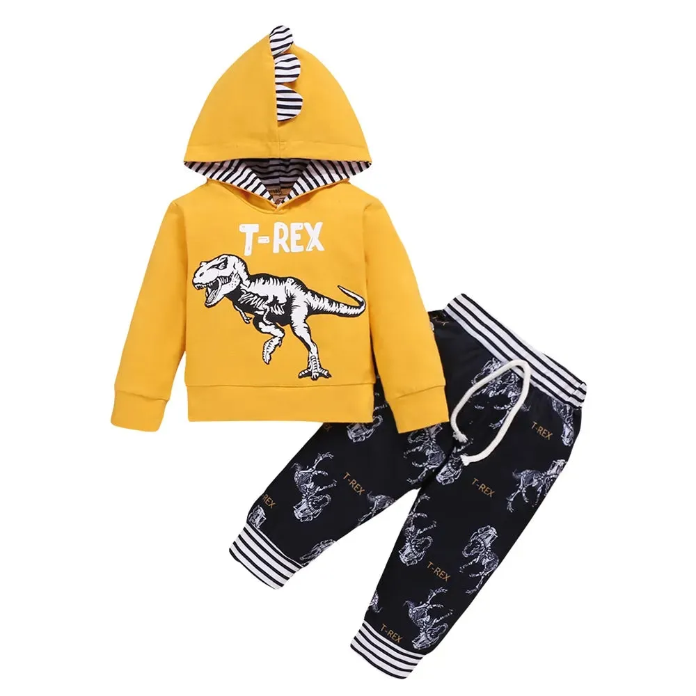 Dinosaur Printed Hooded Long Sleeved Top Pants Toddler Boy Casual Outfit -Newborn Baby Boy Autumn&Winter Clothes Set