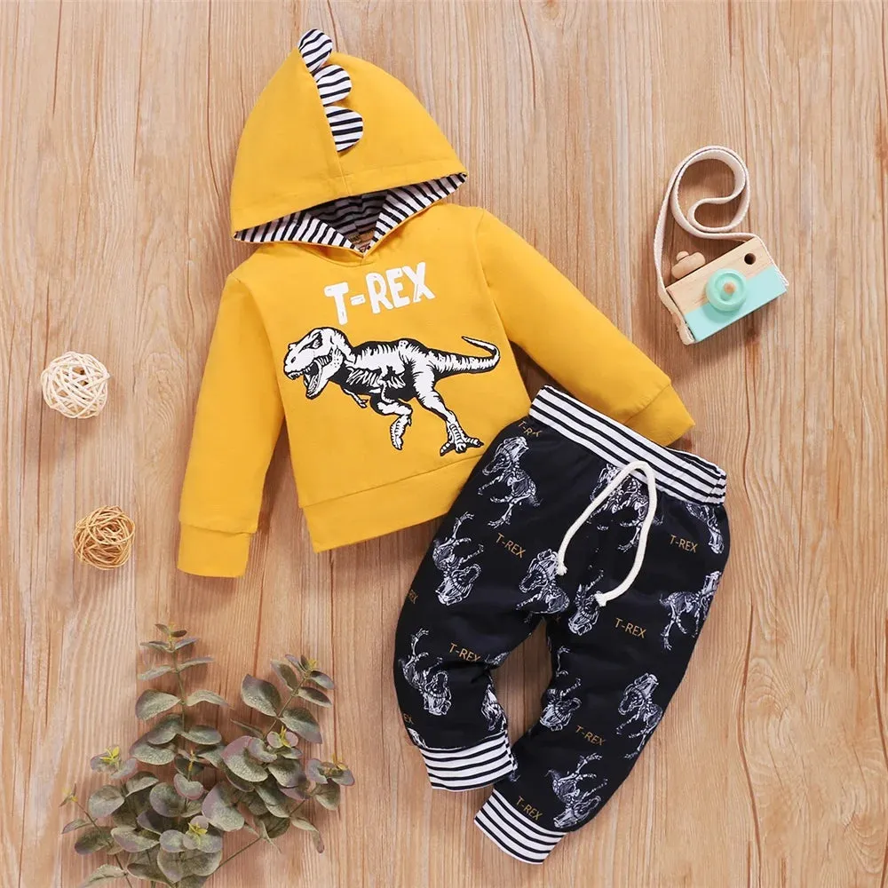 Dinosaur Printed Hooded Long Sleeved Top Pants Toddler Boy Casual Outfit -Newborn Baby Boy Autumn&Winter Clothes Set