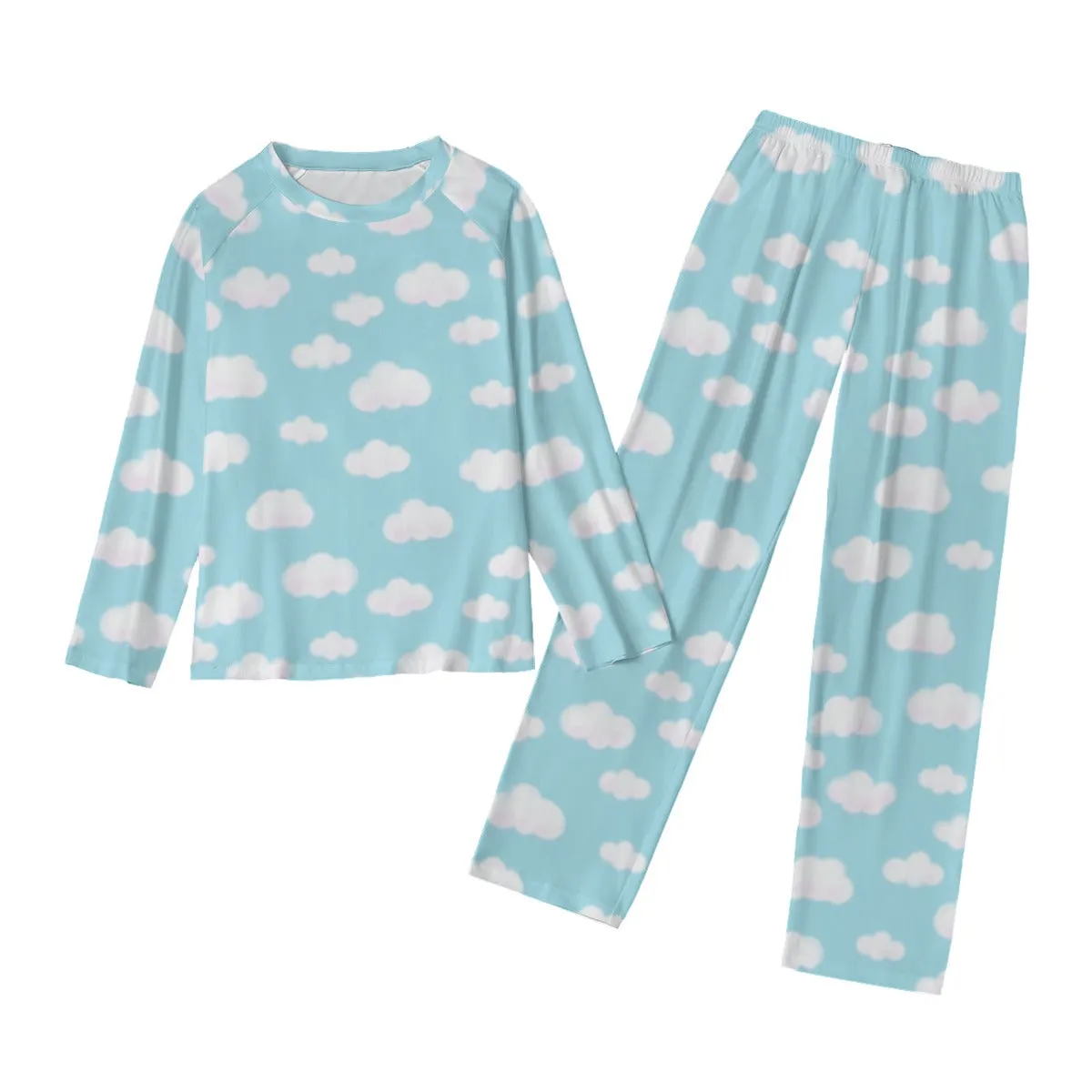 Dreamy Clouds Women's Raglan Long Sleeve Top With Wide Ankle Pants Pajamas Set (Sky Blue)