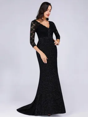 Elegant V Neck Shiny Fishtail Evening Dresses with 3/4 Lace Sleeves