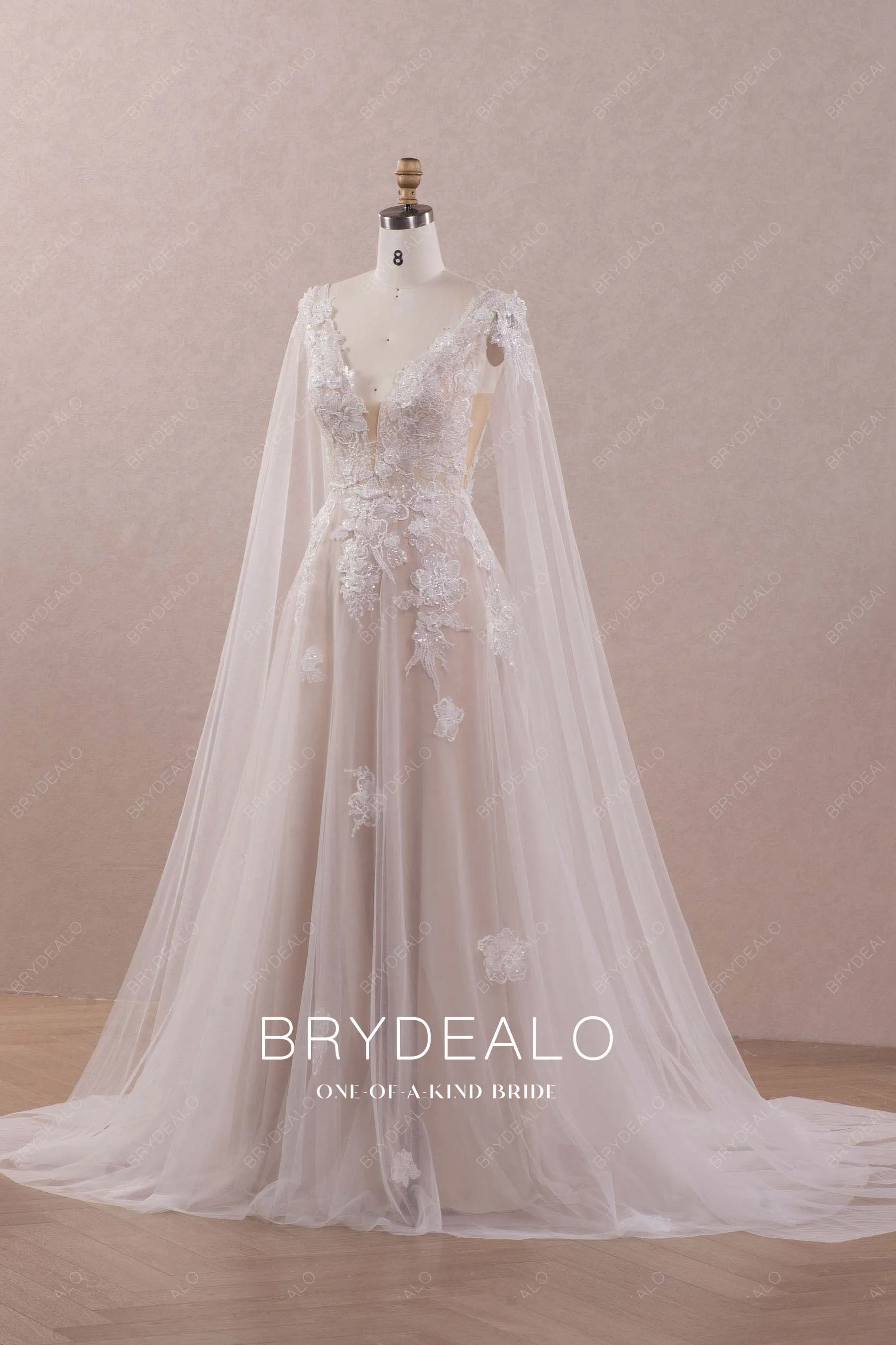 Ethereal 3D Flower Lace Detachable Shoulder Veil Wedding Dress