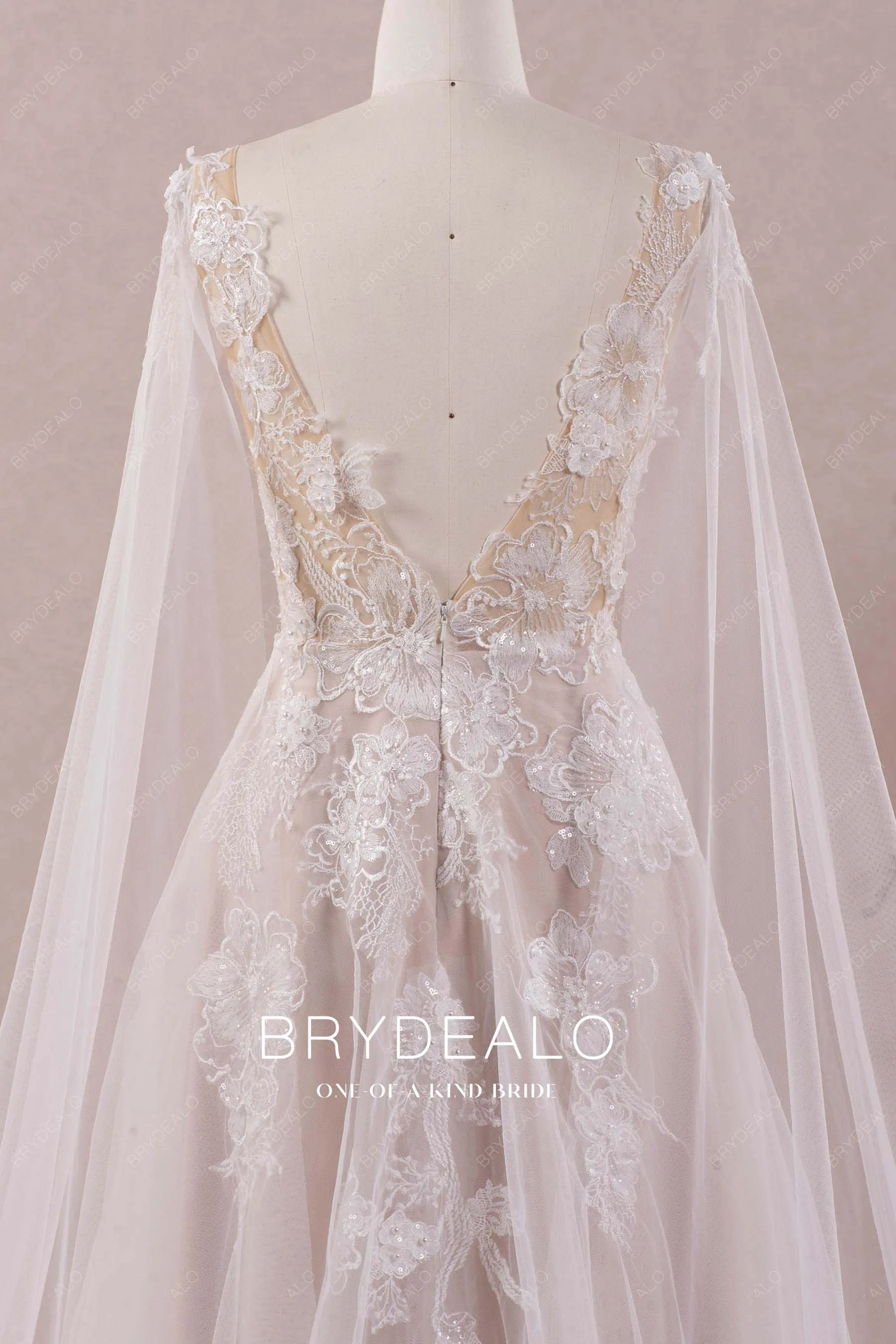 Ethereal 3D Flower Lace Detachable Shoulder Veil Wedding Dress