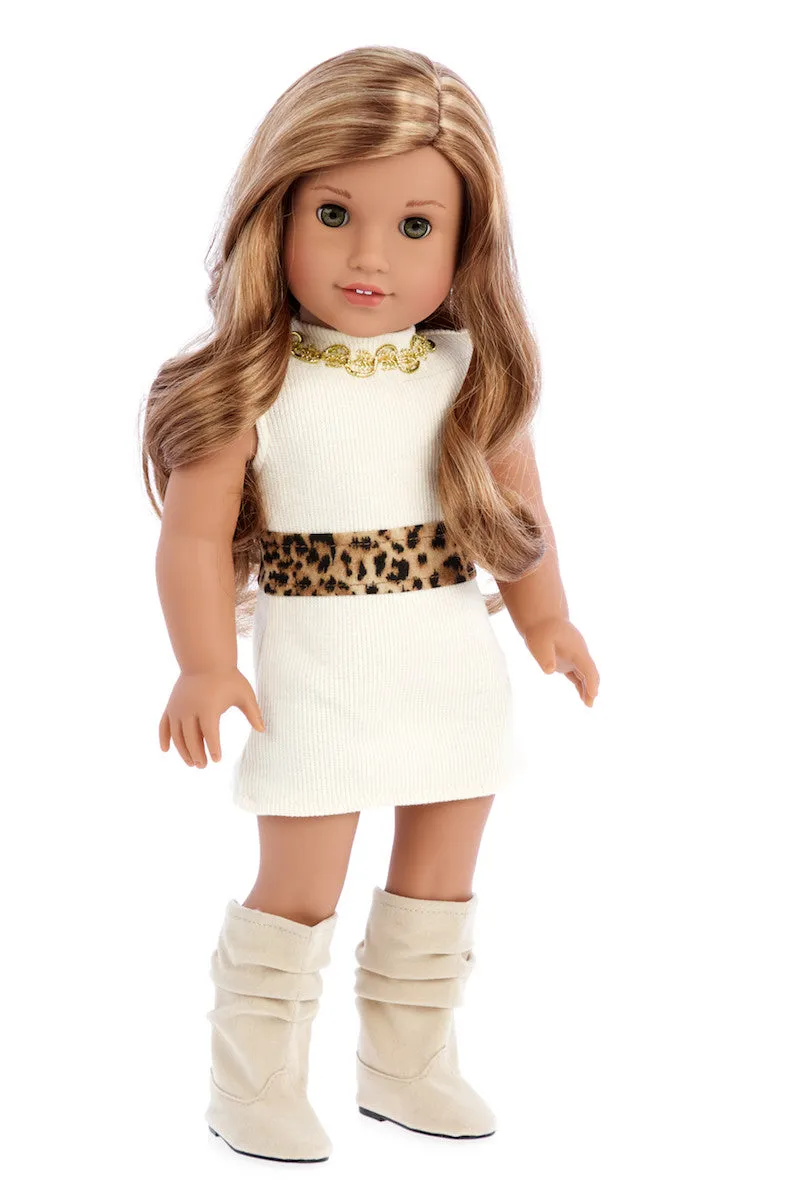 Fashion Girl - Clothes for 18 inch Doll - Cheetah Coat, Ivory Dress and Ivory Boots