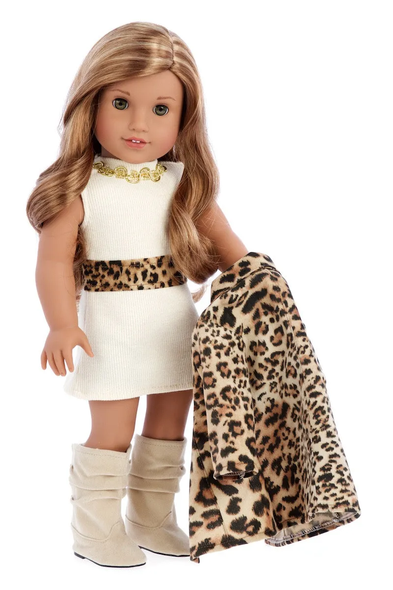 Fashion Girl - Clothes for 18 inch Doll - Cheetah Coat, Ivory Dress and Ivory Boots