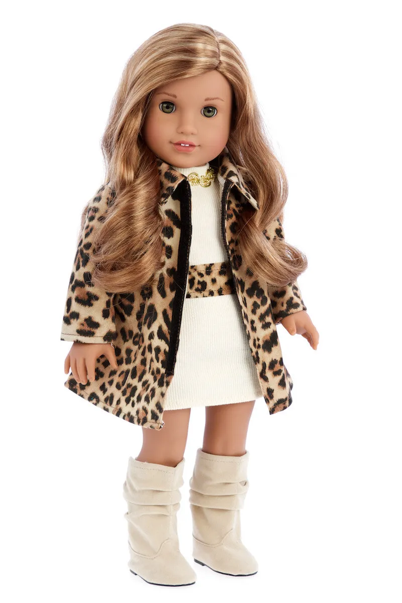 Fashion Girl - Clothes for 18 inch Doll - Cheetah Coat, Ivory Dress and Ivory Boots