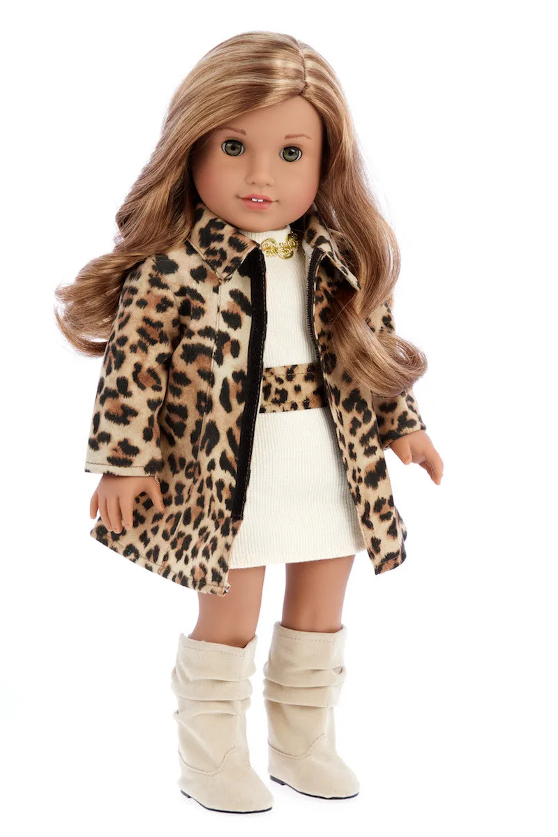 Fashion Girl - Clothes for 18 inch Doll - Cheetah Coat, Ivory Dress and Ivory Boots