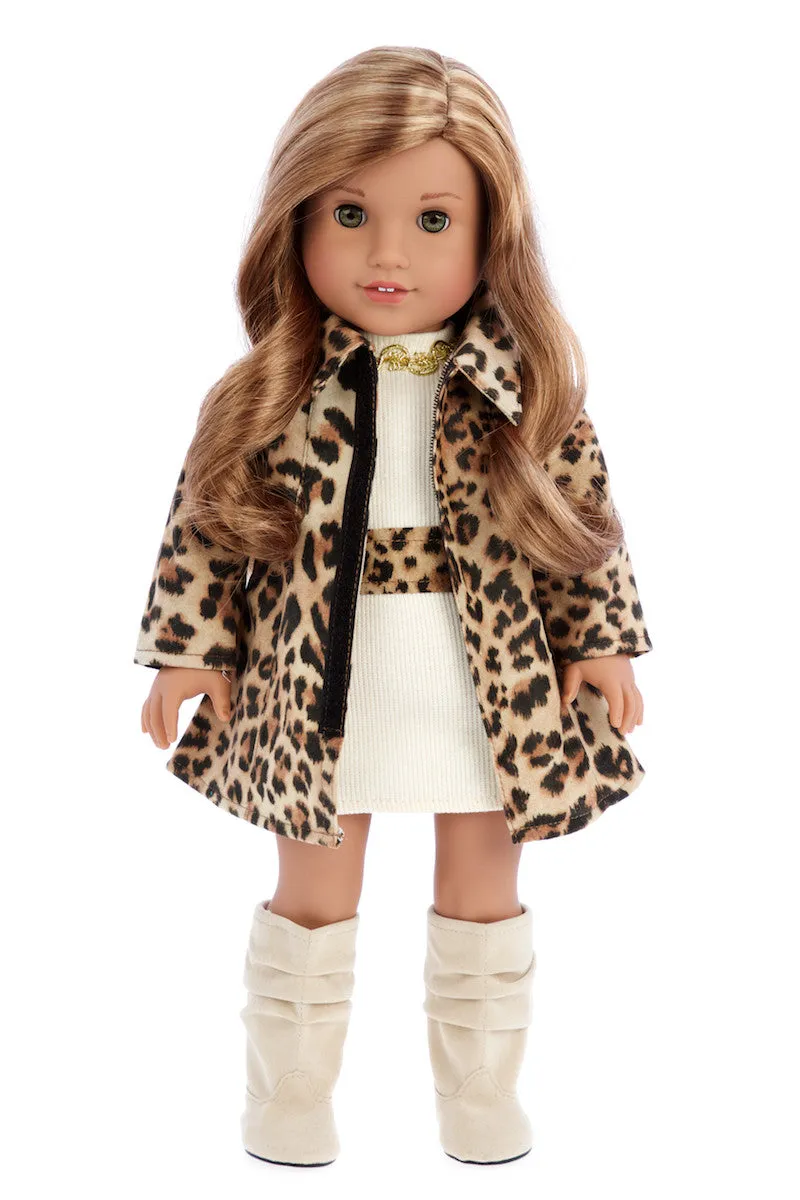 Fashion Girl - Clothes for 18 inch Doll - Cheetah Coat, Ivory Dress and Ivory Boots