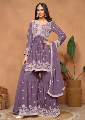 Festive Style Dusty Purple Embroidered Gharara Suit