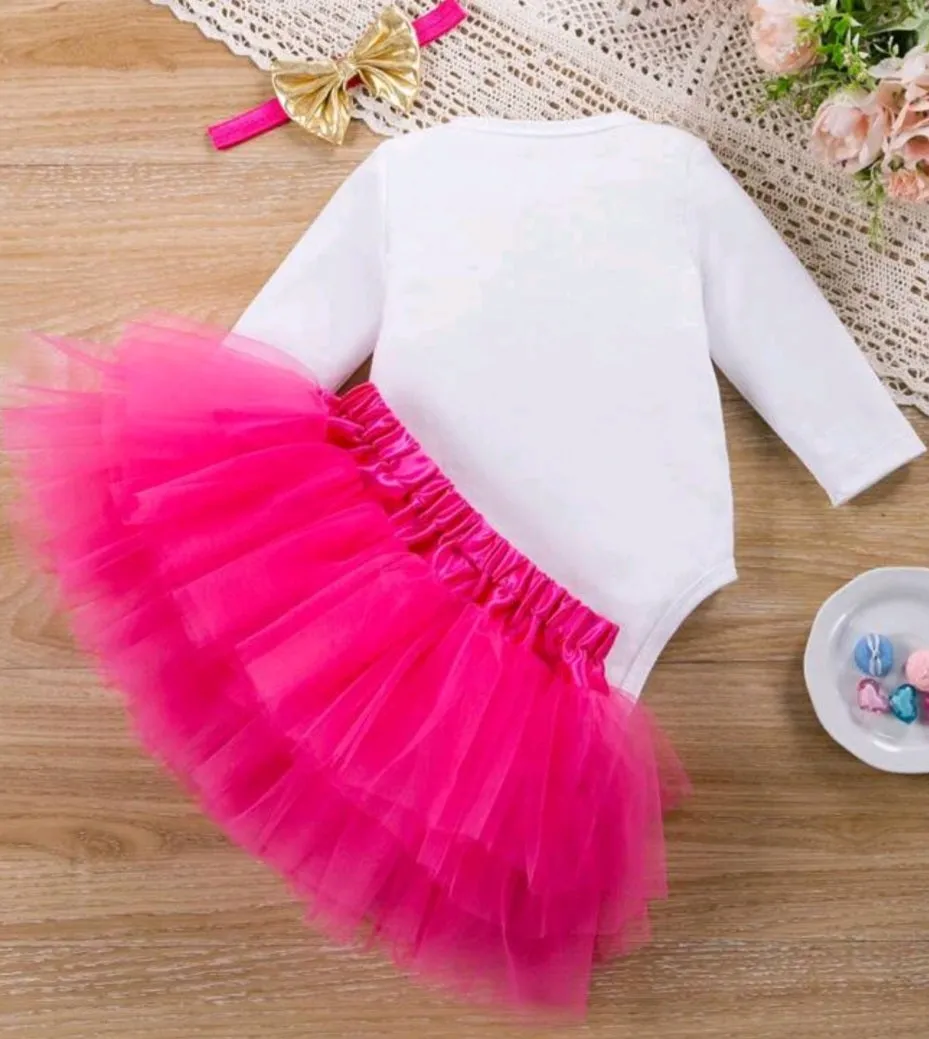 First Birthday Outfit will Long Sleeve, Cerise Pink Tutu and Headband #10020023