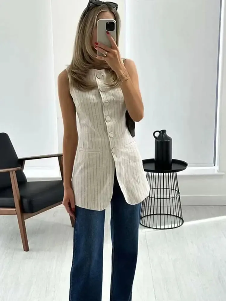 Flytonn-Fall Outfits Women Outwear Streetwear -Summer Striped Elegant Sleeveless Long Vest Female O Neck Single Breasted Pocket Tank Top New 2024 Lady Streetwear Waistcoats