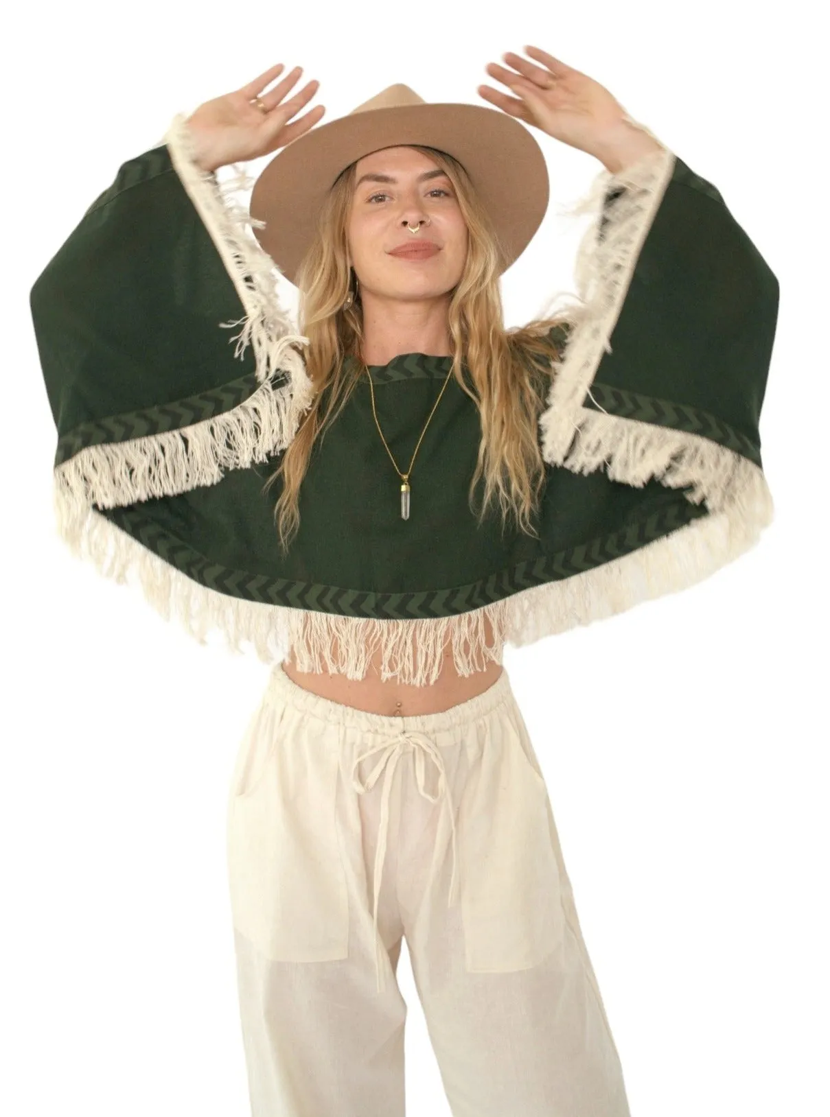 Forest Green Long Sleeve Crop Top with Fringe