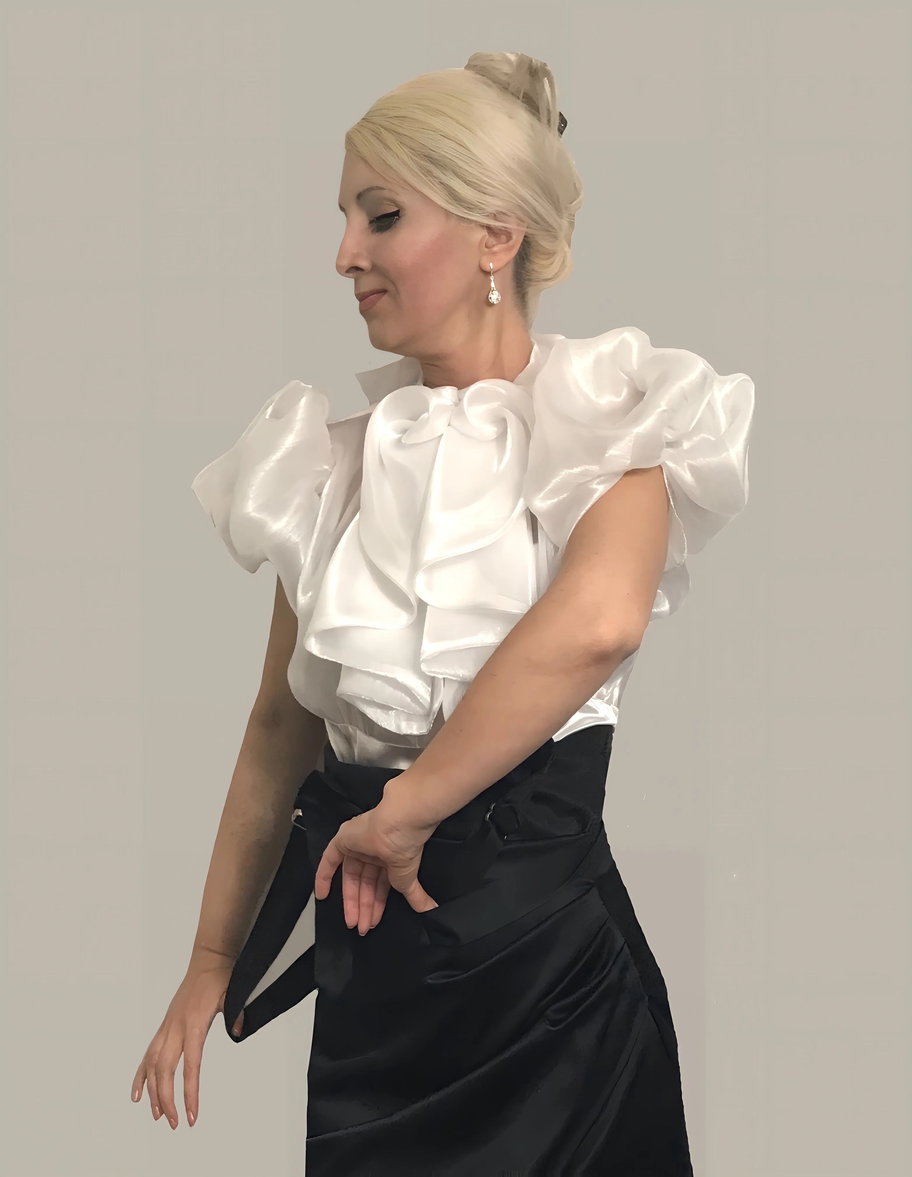 Frilled Satin& Chiffon Bow Back Blouse