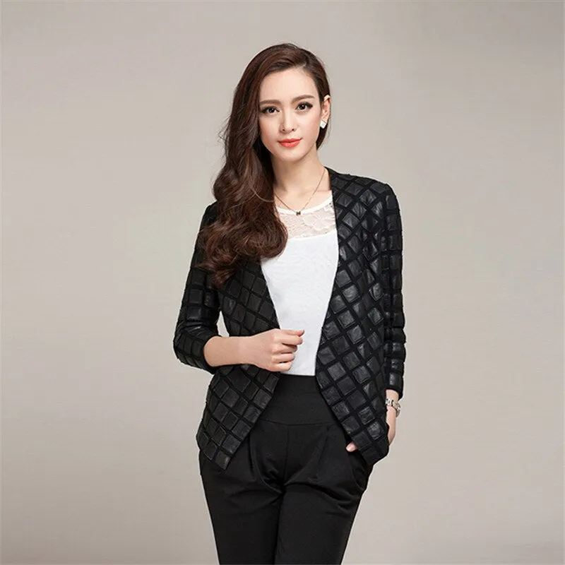 Genuine Sheep Leather Jacket Profashionable Plaid Design Blazer Lamb Leather Coat 14109