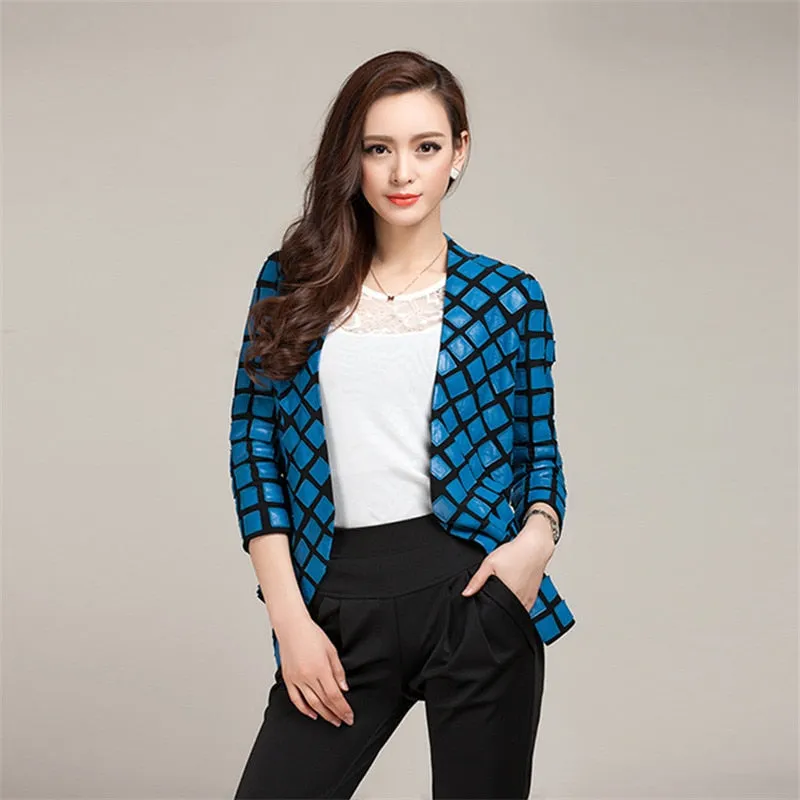 Genuine Sheep Leather Jacket Profashionable Plaid Design Blazer Lamb Leather Coat 14109