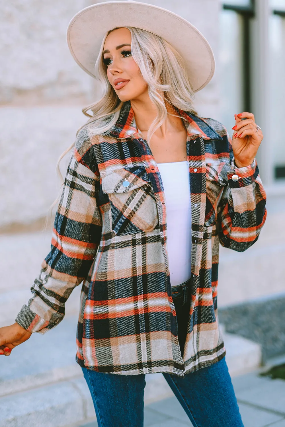 Geometric Plaid Print Pocketed Shirt