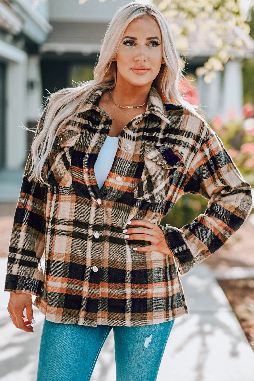 Geometric Plaid Print Pocketed Shirt