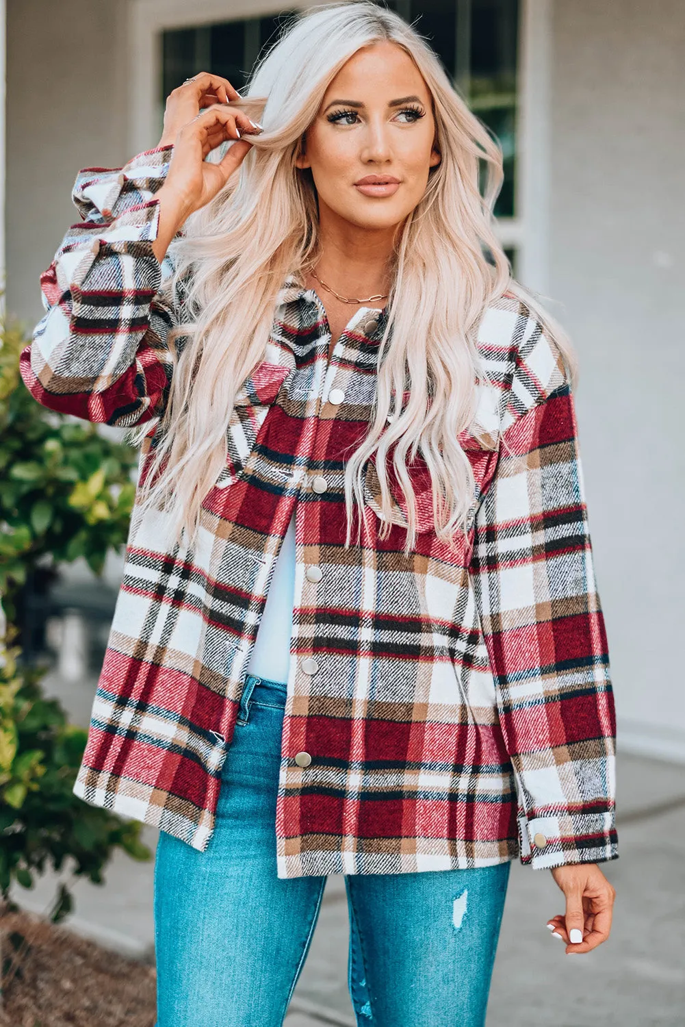 Geometric Plaid Print Pocketed Shirt