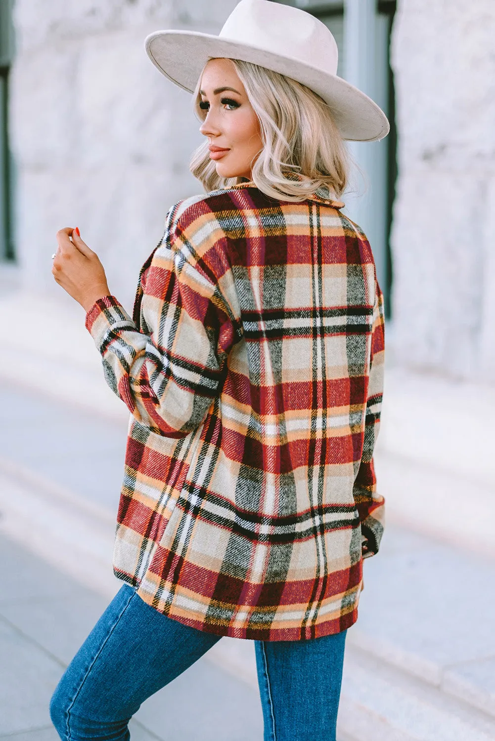 Geometric Plaid Print Pocketed Shirt