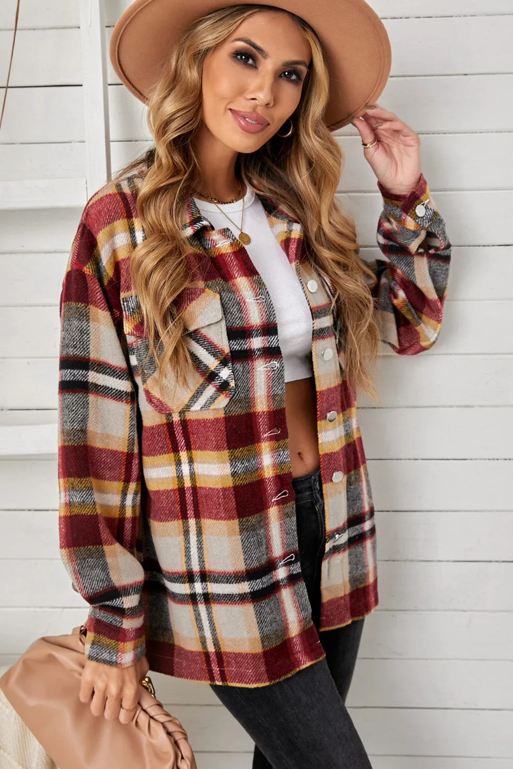 Geometric Plaid Print Pocketed Shirt