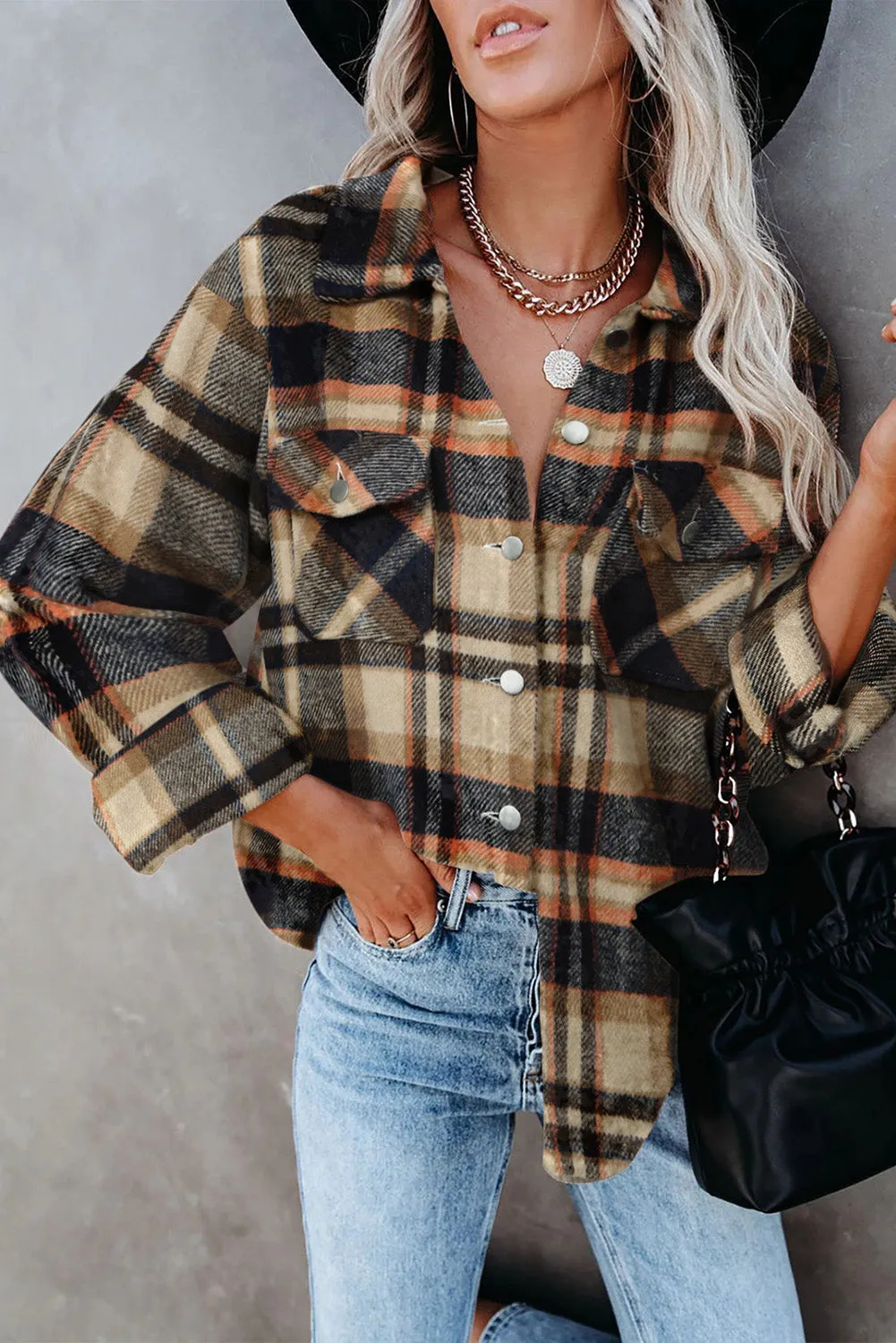 Geometric Plaid Print Pocketed Shirt