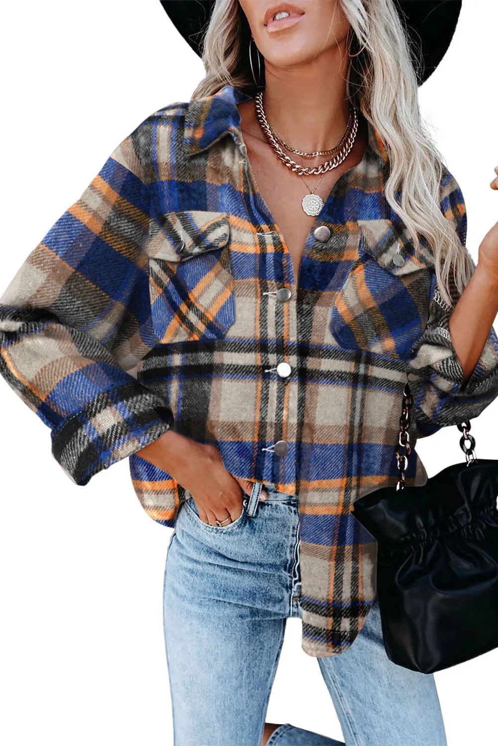 Geometric Plaid Print Pocketed Shirt