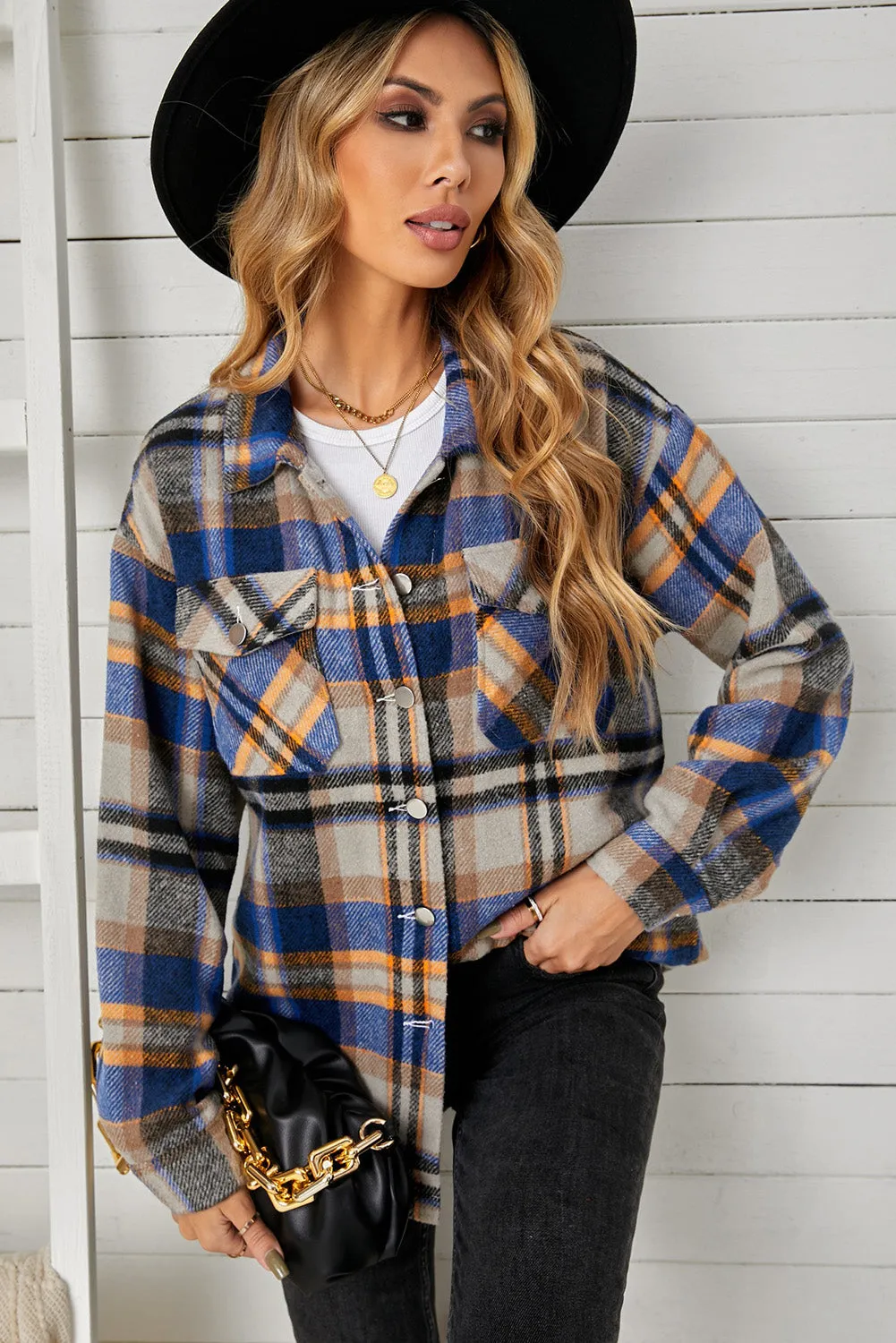 Geometric Plaid Print Pocketed Shirt