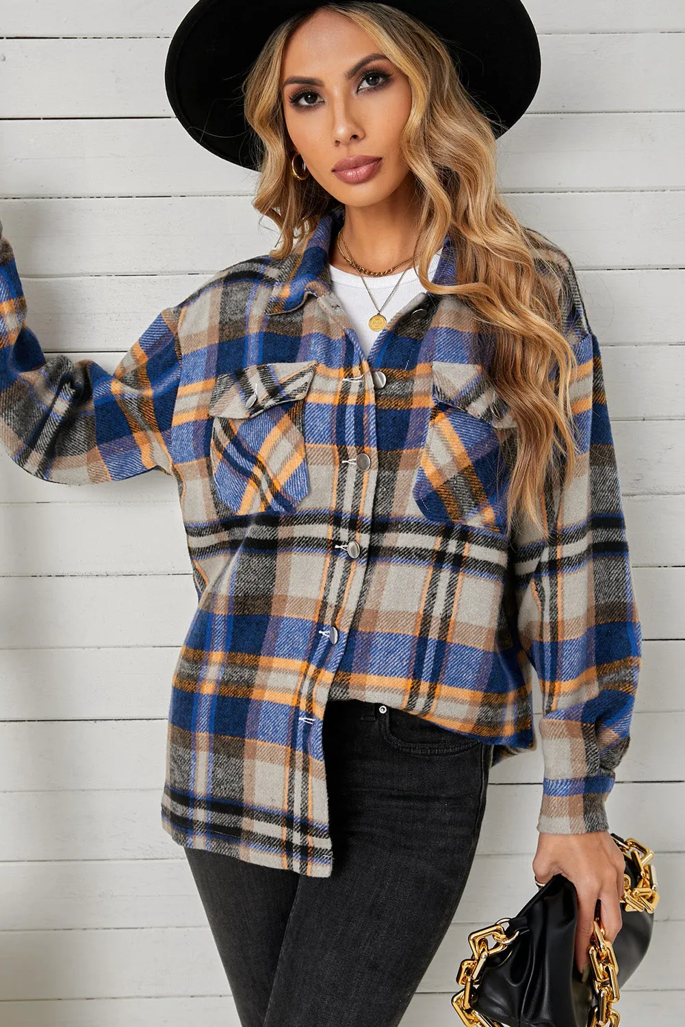 Geometric Plaid Print Pocketed Shirt