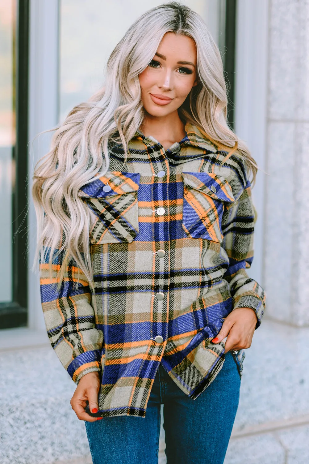 Geometric Plaid Print Pocketed Shirt