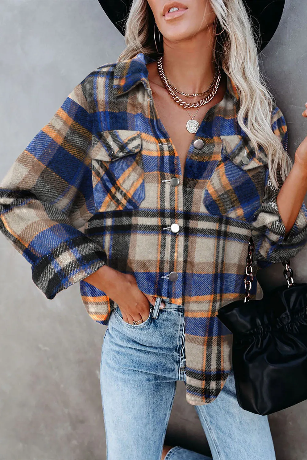 Geometric Plaid Print Pocketed Shirt