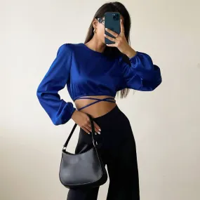 Glossy Satin Tie String Long Sleeve Crew Neck Wrapped Crop Top - Royal Blue