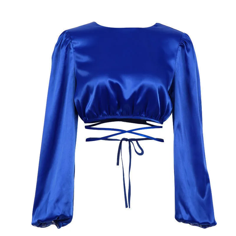 Glossy Satin Tie String Long Sleeve Crew Neck Wrapped Crop Top - Royal Blue