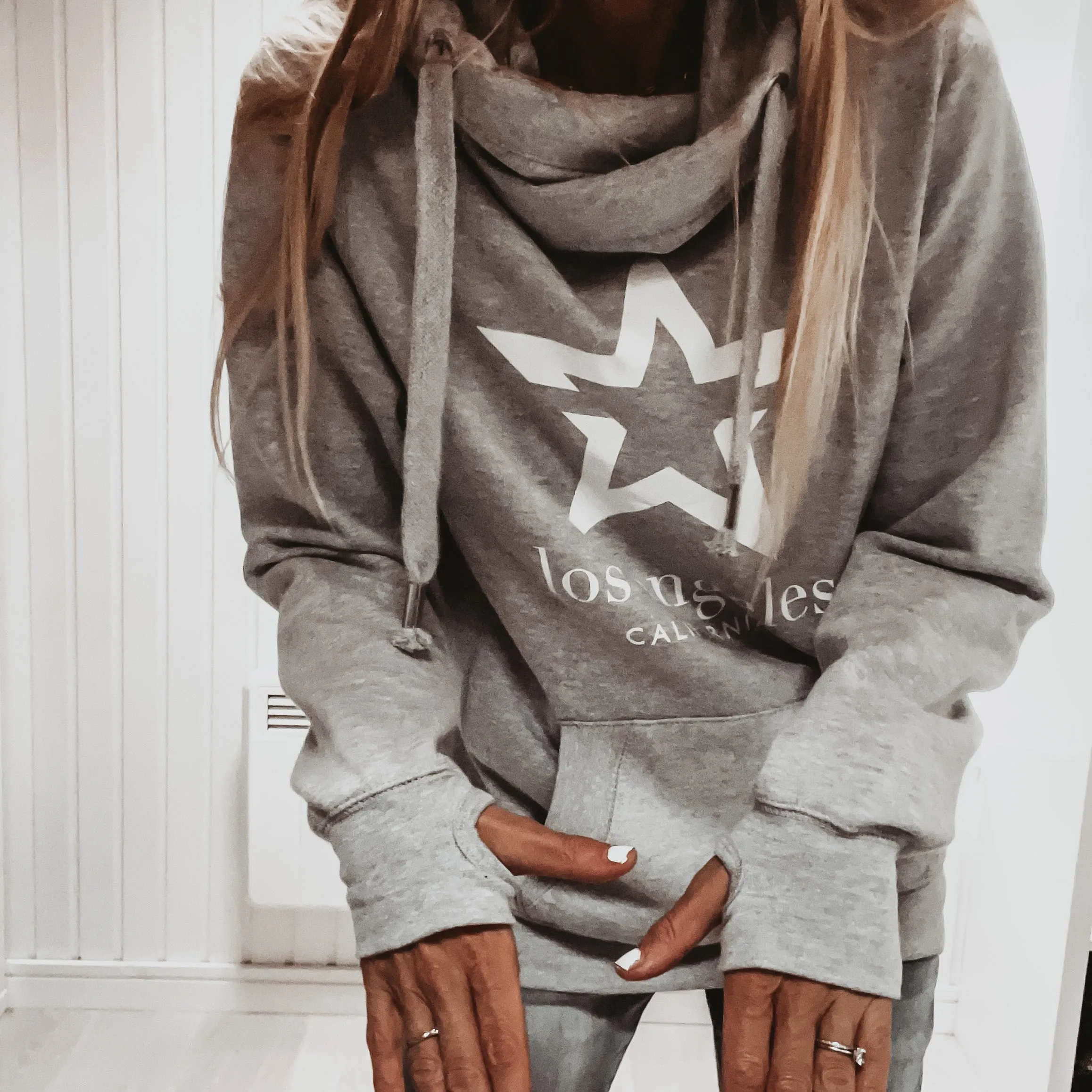 Grey & white LA star crossover neck hoody *boyfriend fit*