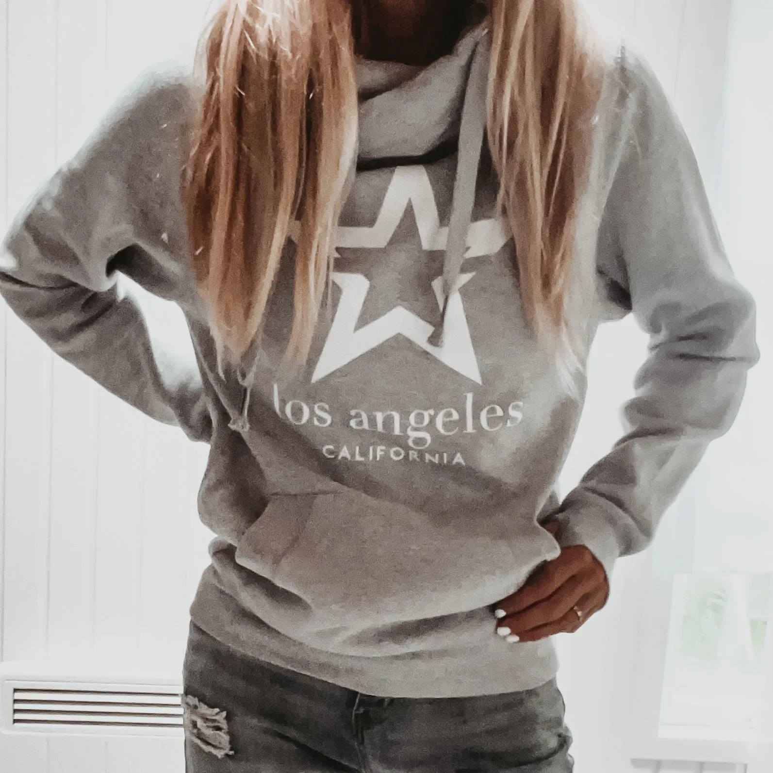 Grey & white LA star crossover neck hoody *boyfriend fit*