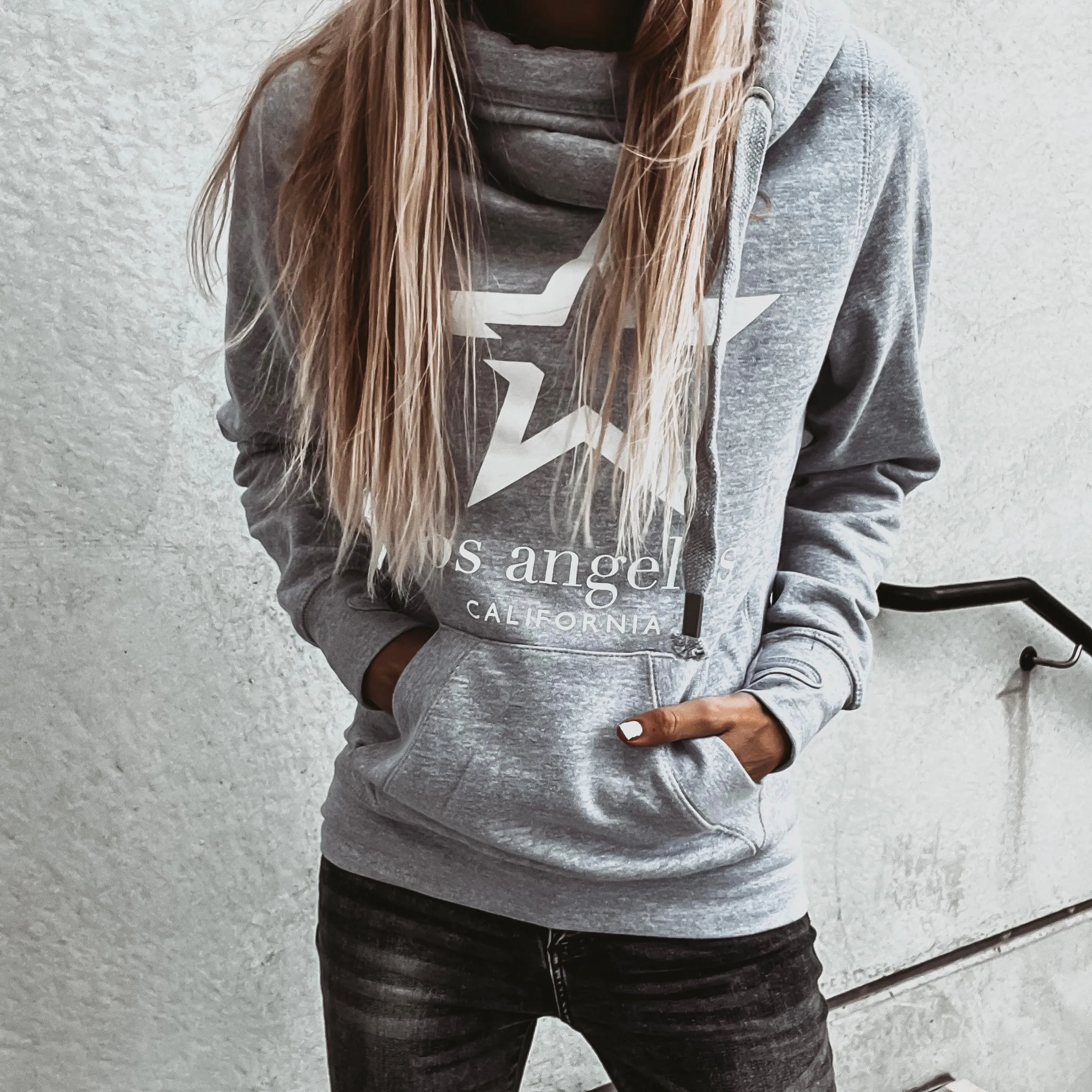 Grey & white LA star crossover neck hoody *boyfriend fit*