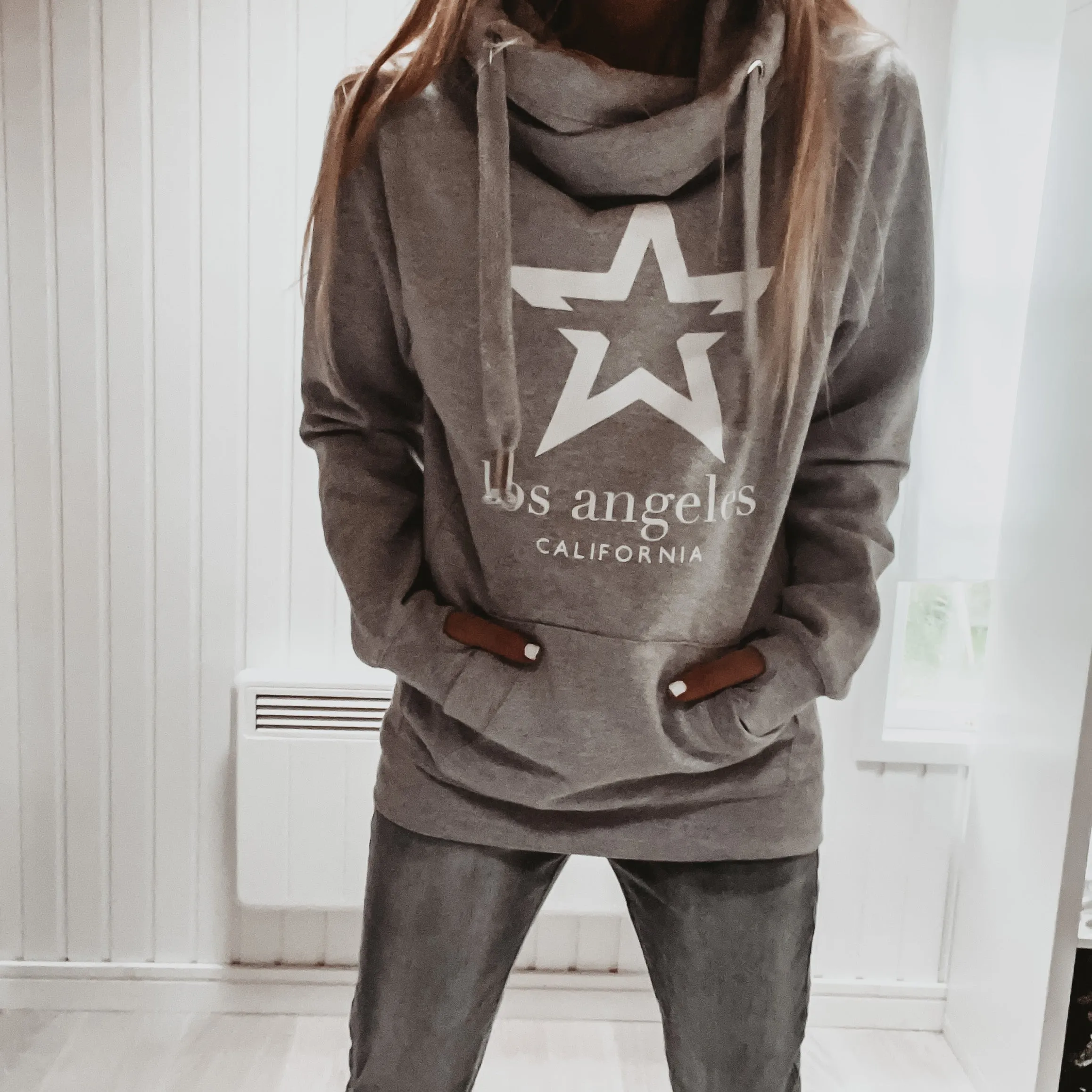 Grey & white LA star crossover neck hoody *boyfriend fit*